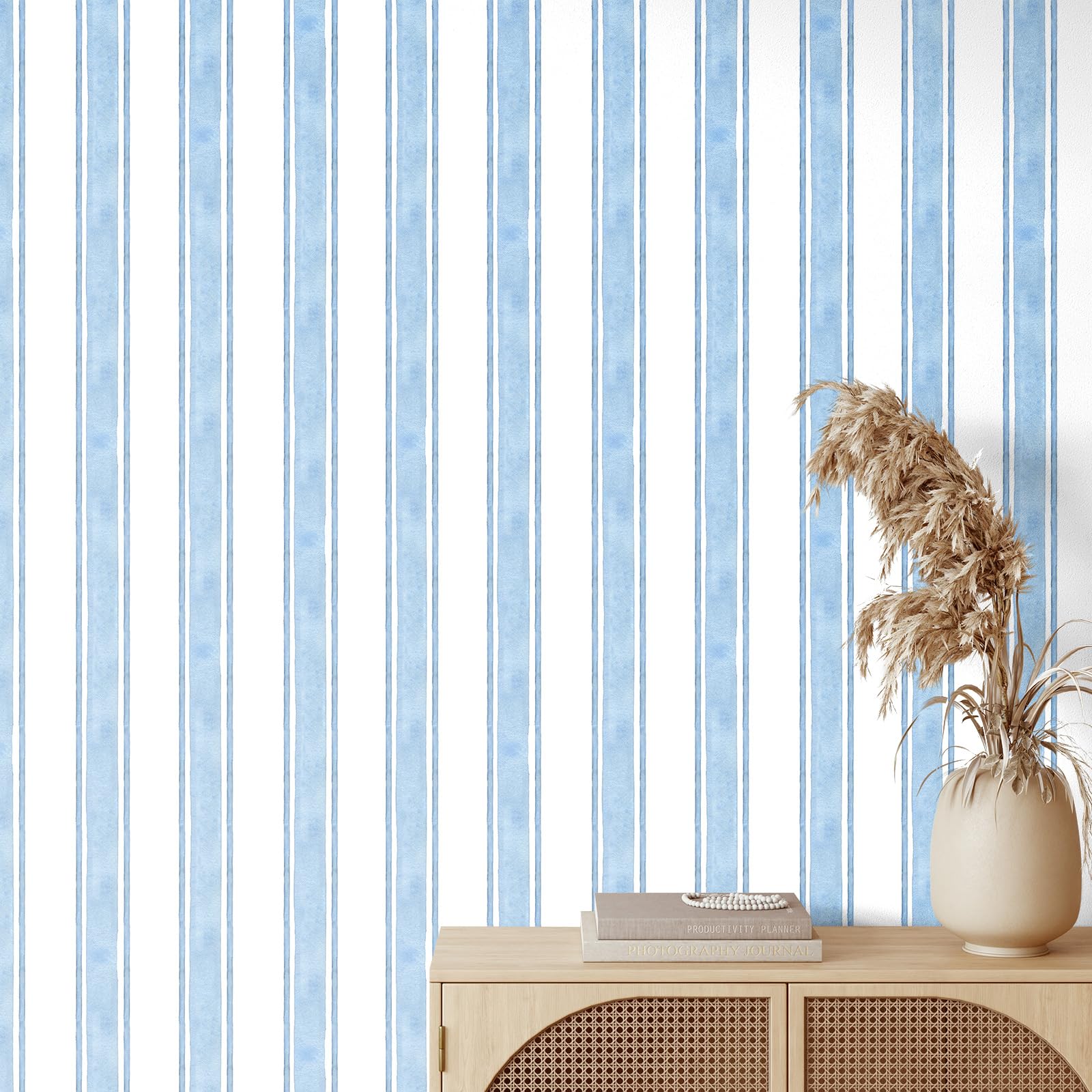 Photo 1 of Affrolling Striped Peel and Stick Wallpaper Watercolor Stripe Self Adhesive Wallpaper Decal for Bedroom Cabinet Drawer Furniture Wall Decor, 15.75'' x 118.11'' (Blue)