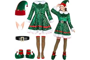 SOMSOC 6 Pieces Women Elf Sequin Costume Set Adult Christmas Sexy Elf Dress Outfit with Hat Shoes Socks Belf Ears for Cosplay