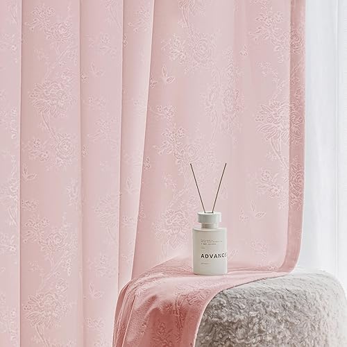 Beauoop Pink Floral Jacquard Sheer Curtains 84 Inches Long 2 Panels for Living Room Bedroom Semi Lace Flower Privacy Light Filtering Non-See-Through Velvet Textured Grommet Window Drapes, 52x84 2 Set