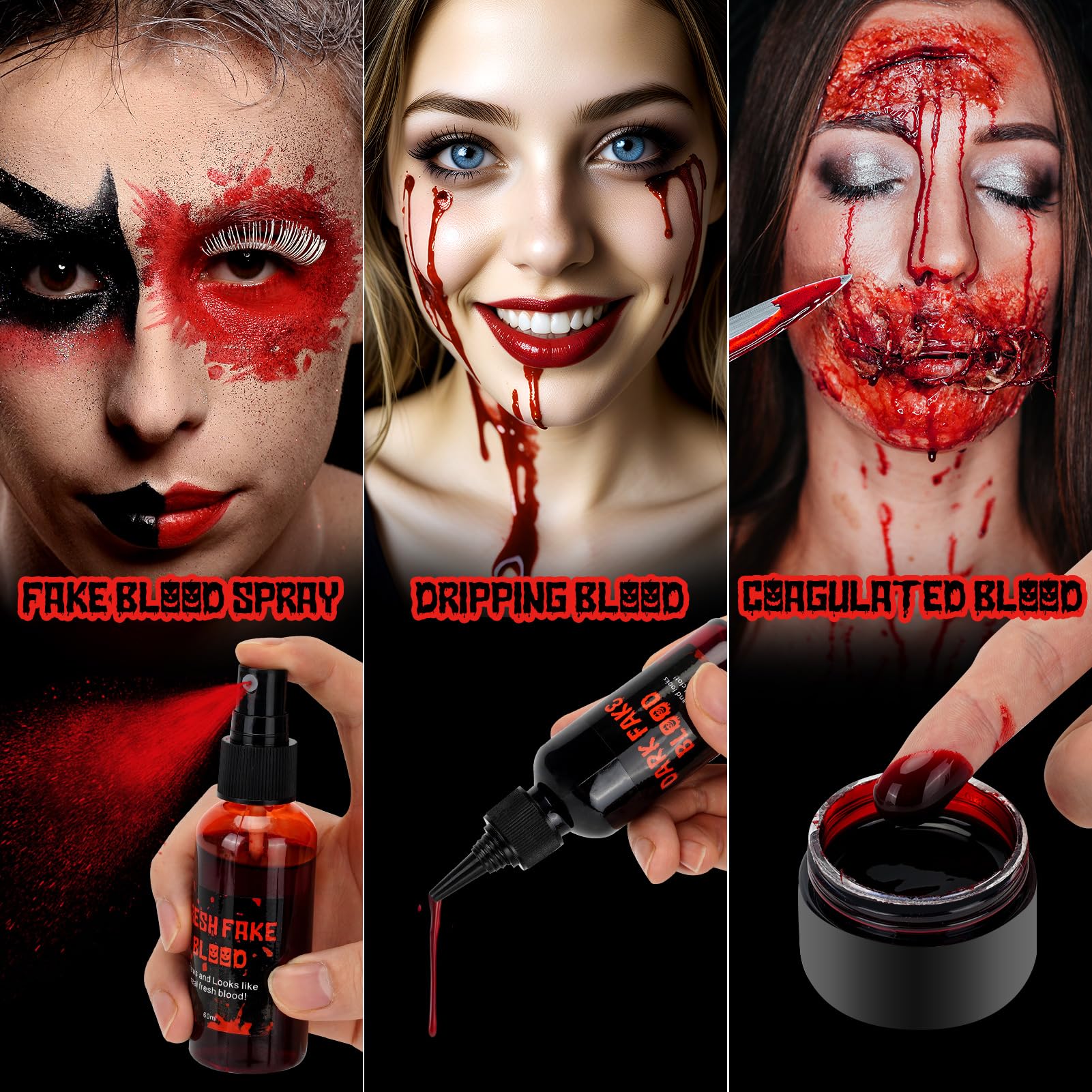 3PCS Halloween Fake Blood Kit, 2.03oz Fake Blood Spray and 2.03oz Dripping Blood and 1.06oz Coagulated Gel Blood, Realistic Washable Fake Blood Makeup for Zombie Vampire Monster Cosplay & Dress Up