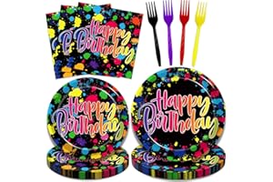Kepeel 96 Pcs Neon Party Plates, Glow Birthday Party Supplies Disposable Paper Plates Dessert Napkins Glow in the Dark Favors Decorations Graffiti Tableware For Kids, Serves 24