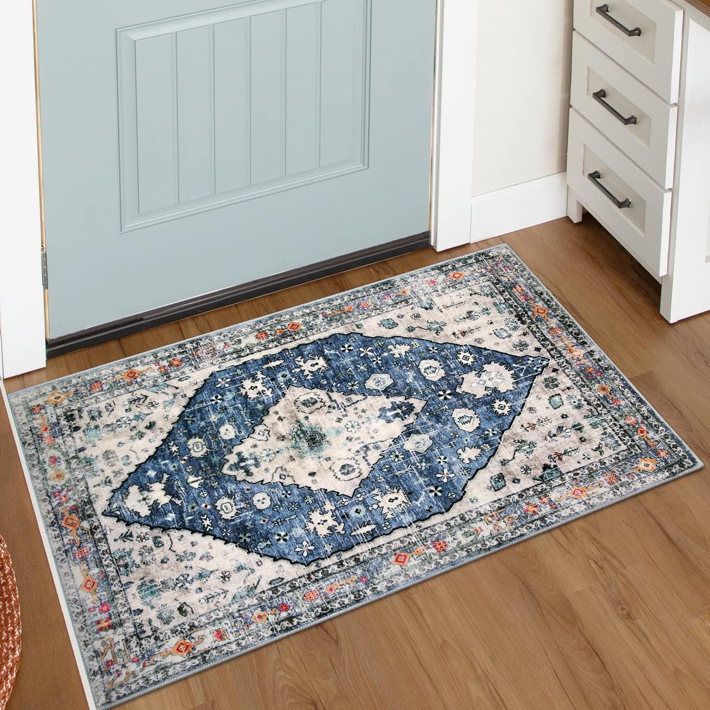 KIMODE Boho Area Rugs 60 x 90cm, Vintage Door Mats Indoor, Small Non-Slip Faux Wool Machine Washable Rugs Living Room Entry Low-Pile Floor Rug Non Shedding for Entrance (Blue)