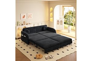 LuxyHoom 65.4'' Pull Out Couch Bed Queen Size, Chenille Sleeper Sofa Daybed, 3 in 1 Convertible Couches, Futon Sofa with 2 Pillows, Storage Pockets, USB, Loveseat for Small Spaces, Living Room, Black