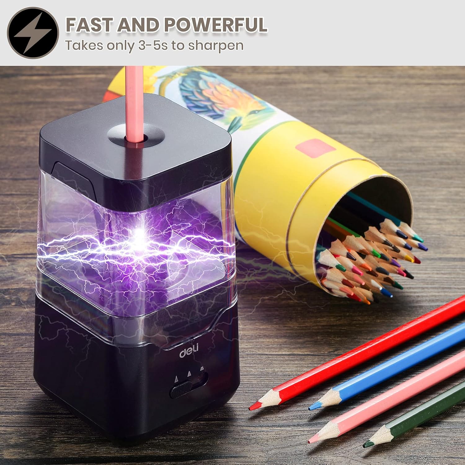 Deli Pencil Sharpener, Electric Pencil Sharpener for Colored Pencils, Auto Stop, USB/Battery Sharpener for kids, Black : Office Products