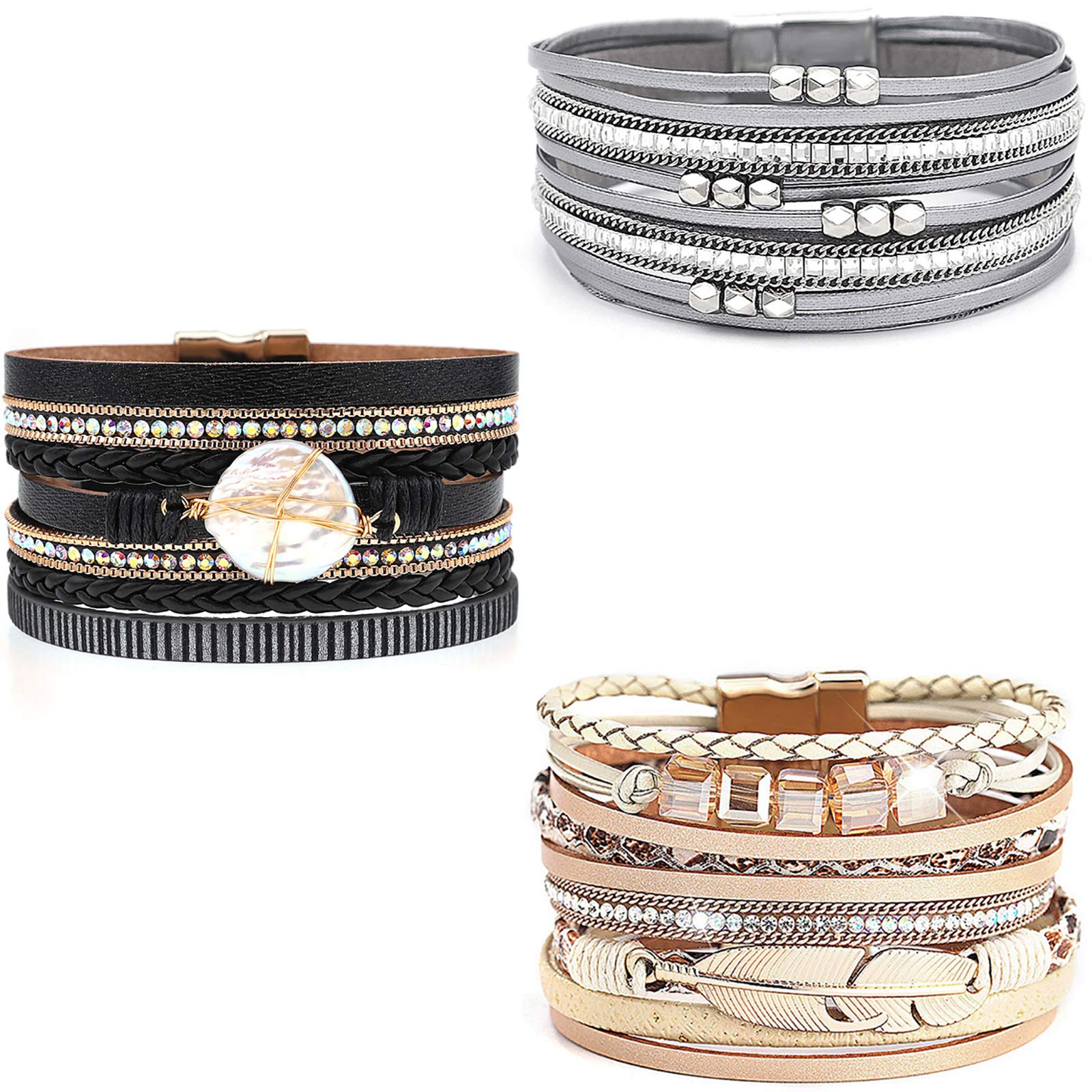 Wowanoo 3Pack Leather Cuff Bracelet Set Multilayer Wrap Bracelet Crystal Feather Tree Bracelet Magnetic Clasp Bracelet for Women, Pack Of 3, Leather, alloy