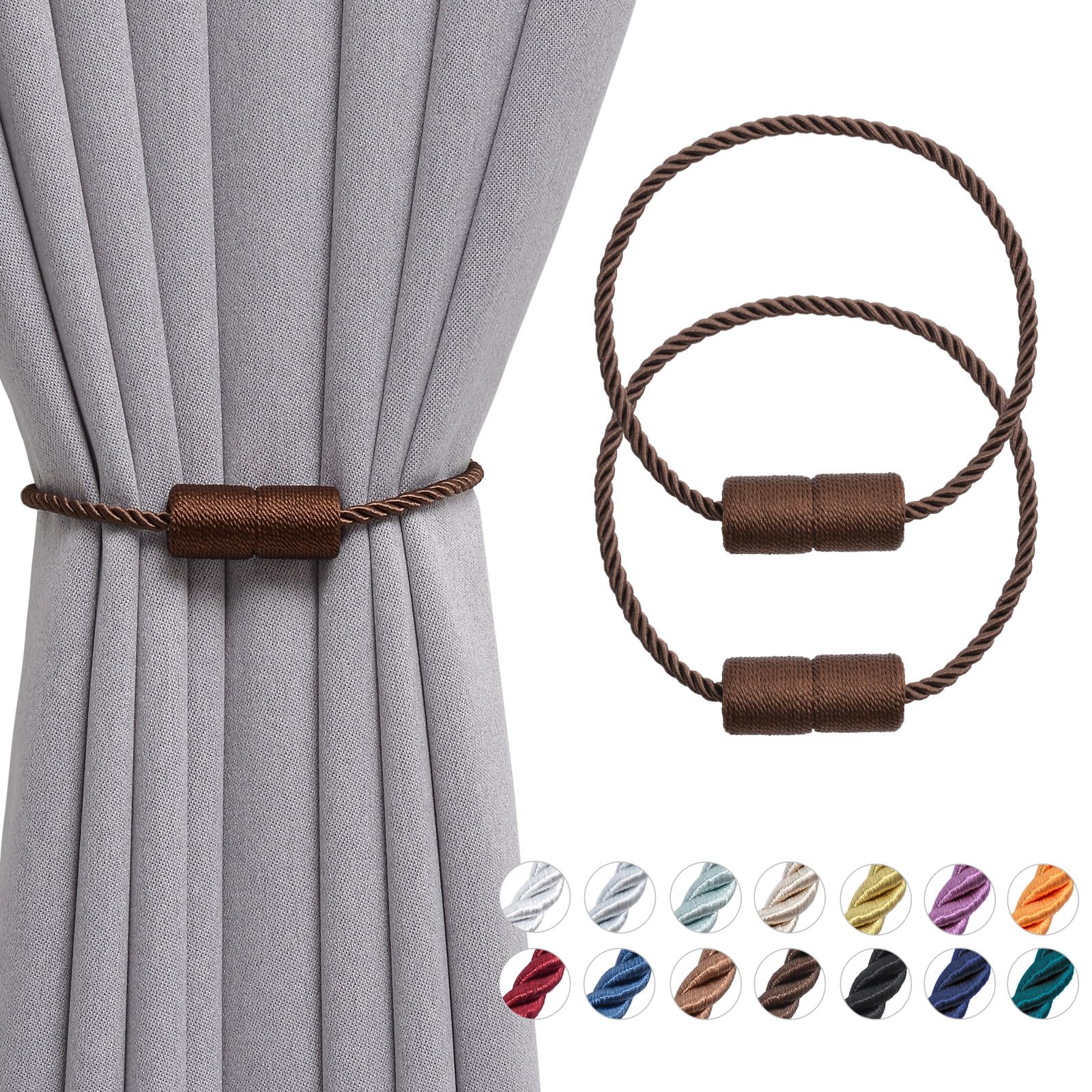 Pretty Jolly 2 Pack Magnetic Curtain Tiebacks 16 Inch Handmade Weave Side Rope Curtain Holdbacks Convenient Decorative Cylinder Curtain Drape Tie Backs for Home & Office Window Drapery (Deep Coffee)