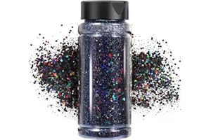 DREAMEDIY Holographic Chunky Glitter, Black Craft Glitter Powder Mixed Chunky & Fine Flakes Iridescent Sequins for Nail, Hair, Epoxy Resin, DIY Mold Art, Painting, Holiday Decoration, 3.5oz/100g