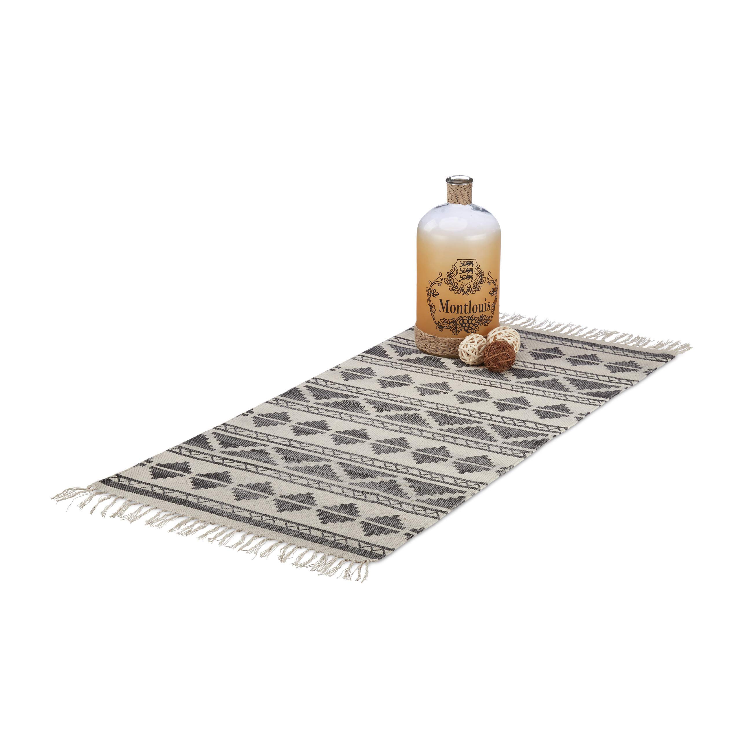 Relaxdays Patterned Carpet Runner for Hallway, Entrance or Living Room, 70x140 cm with Fringes, Black