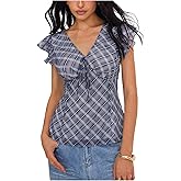 MakeMeChic Women's Plaid Blouses Flutter Sleeve V Neck Tie Front Summer Y2K Shirt Work Top