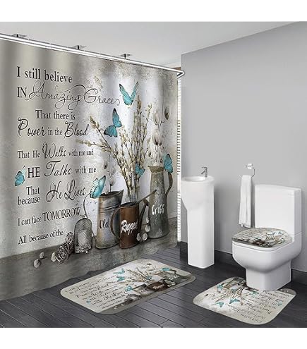 Ensemble Salle De Bain 4 Pièces - Rideau Douche 180x180 Cm + Tapis WC + Housse WC + Tapis Bain - Matériaux EVA Et Flanelle