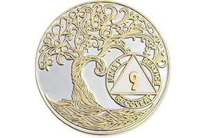 9 Year XL 40mm Nickel & Gold Plated AA Coin - Sobriety Mint Twisted Tree of Life Recovery Medallion/Chip - Silver/Gold