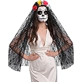 Velmitten Day of the Dead Floral Skull Veil Headpiece Rose Flower Crown Halloween Cosplay Costume Mexican Flower Headband(Purple,Style 2)