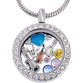 RUBYCA Themed Locket Necklace Crystal Birthstone Living Memory Floating Charm Silver Tone DIY