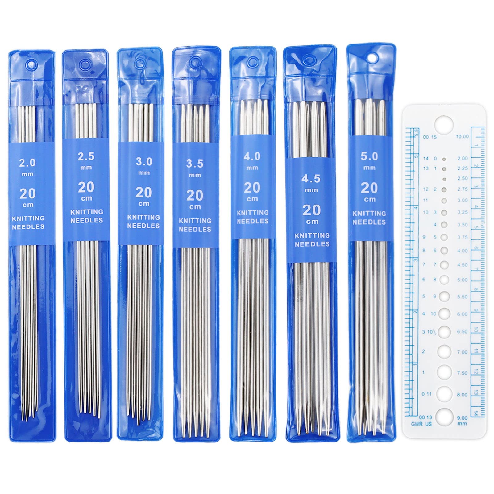SZCXDKJ 36 Pcs Double pointed knit needle set 20cm, beginner short double head knit needle, 35 PCS 2.0-5.0mm knitted needle sleeve and 1 ruler, metal knit pin for knitting small item socks