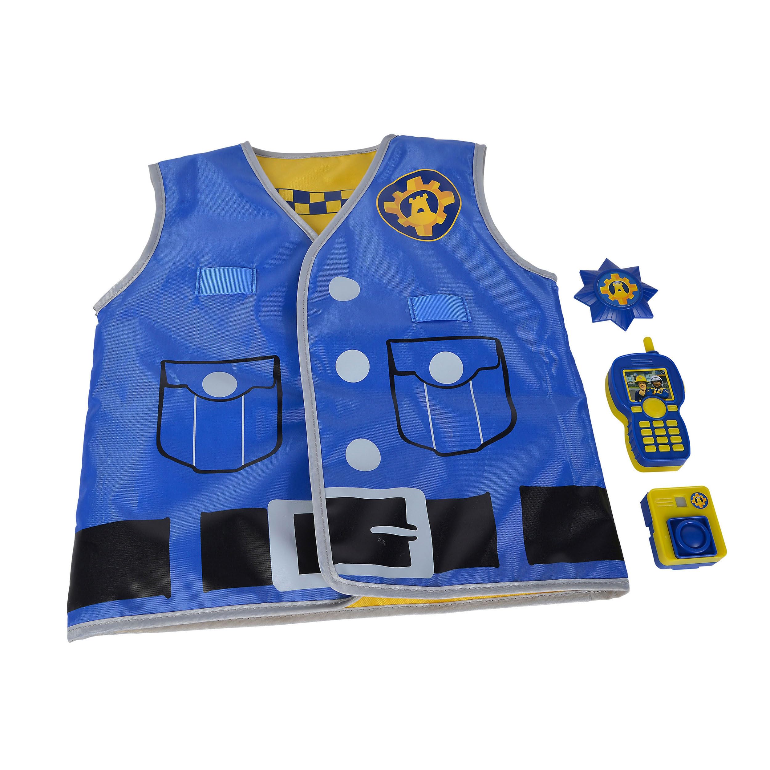 Simba 109252478 - Fireman Sam Police Insert Set, Printed Vest with Reversible Function, Body Cam 5 cm with Picture Viewer, Walkie-Talkie, Brand