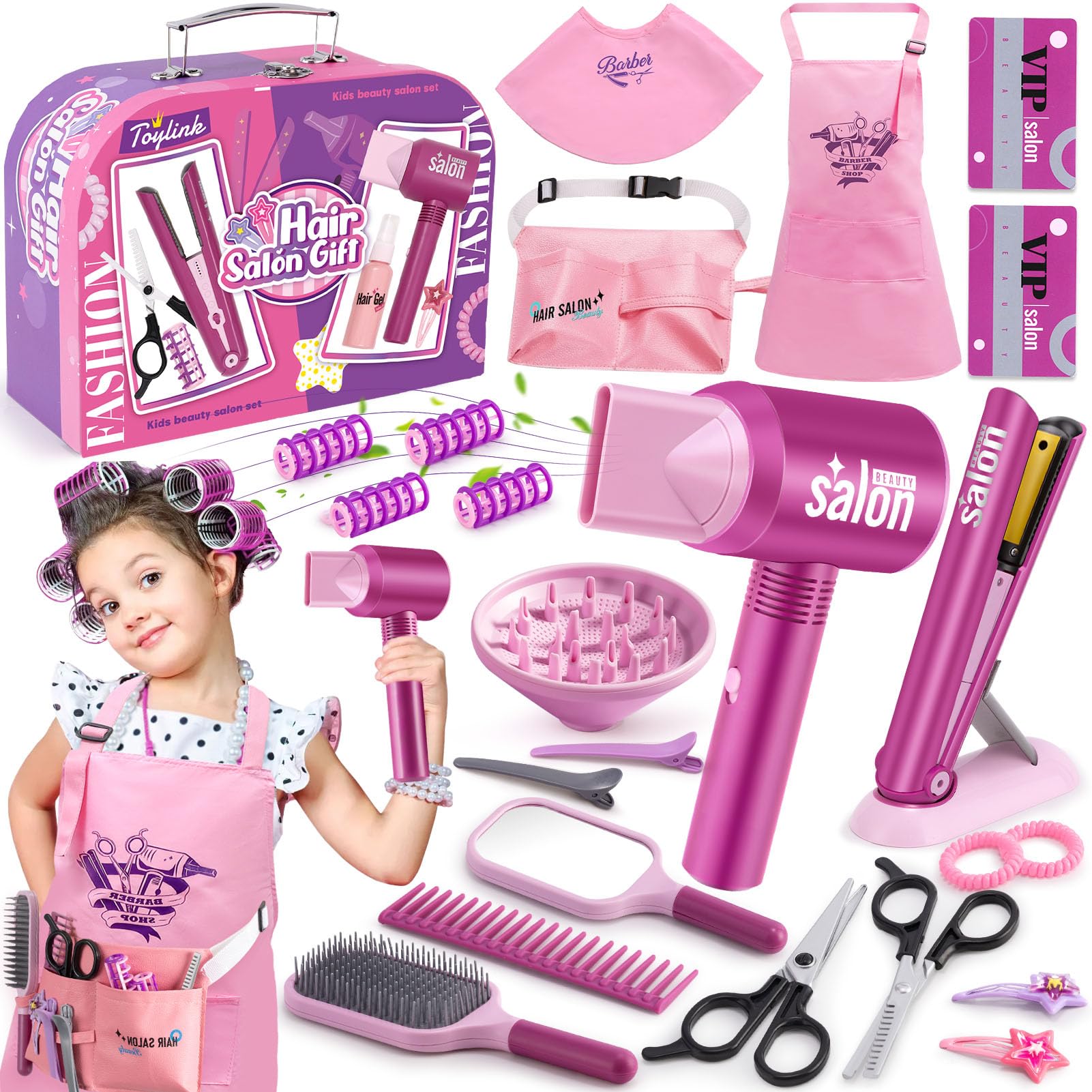G.C Kids Hairdressing Set Hairdresser Toys for Girls 3 4 5 6 7 Years Old with Hair Dryer Straightener Mirror Comb Scissors Apron Vanity Case Hair Salon Pretend Role Play Toys Girls Gifts