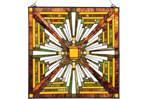 Bieye W10023 Mission Tiffany Style Stained Glass Window Panel with Chain, 24-inch Wide Square Shape, Brown
