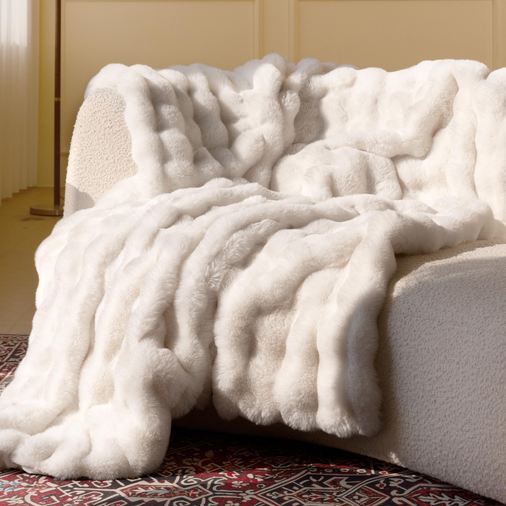 Photo 1 of Ultra Soft Cozy Faux Fur Throw Blanket, Fuzzy Plush Thick Bubble Blanket, Luxury Fluffy Blanket for Couch, Sofa, Bedroom, and Living Room, 50x60 Inches, Cream White