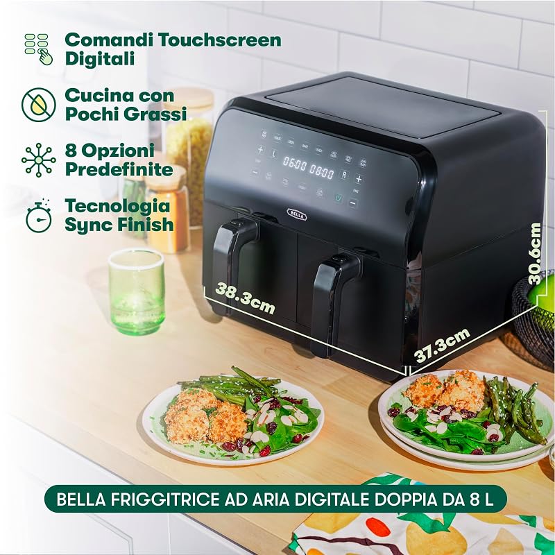 Friggitrice ad Aria Digitale da 8 L, Multifunzione 5-in-1 con Griglia e Cestello Antiaderenti Rimovibili e Lavabili in Lavastoviglie, 1400 Watt, Nero
