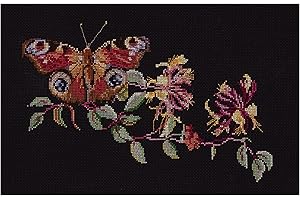 THEA GOUVERNEUR SINCE 1959 Thea Gouverneur - Counted Cross Stitch Kit - Butterfly-Honeysuckle - Aida Black - 18 Count - Embroidery Kit for Adults - DMC Embroidery Threads and Other Cross Stitch Supplies Included - 439.05