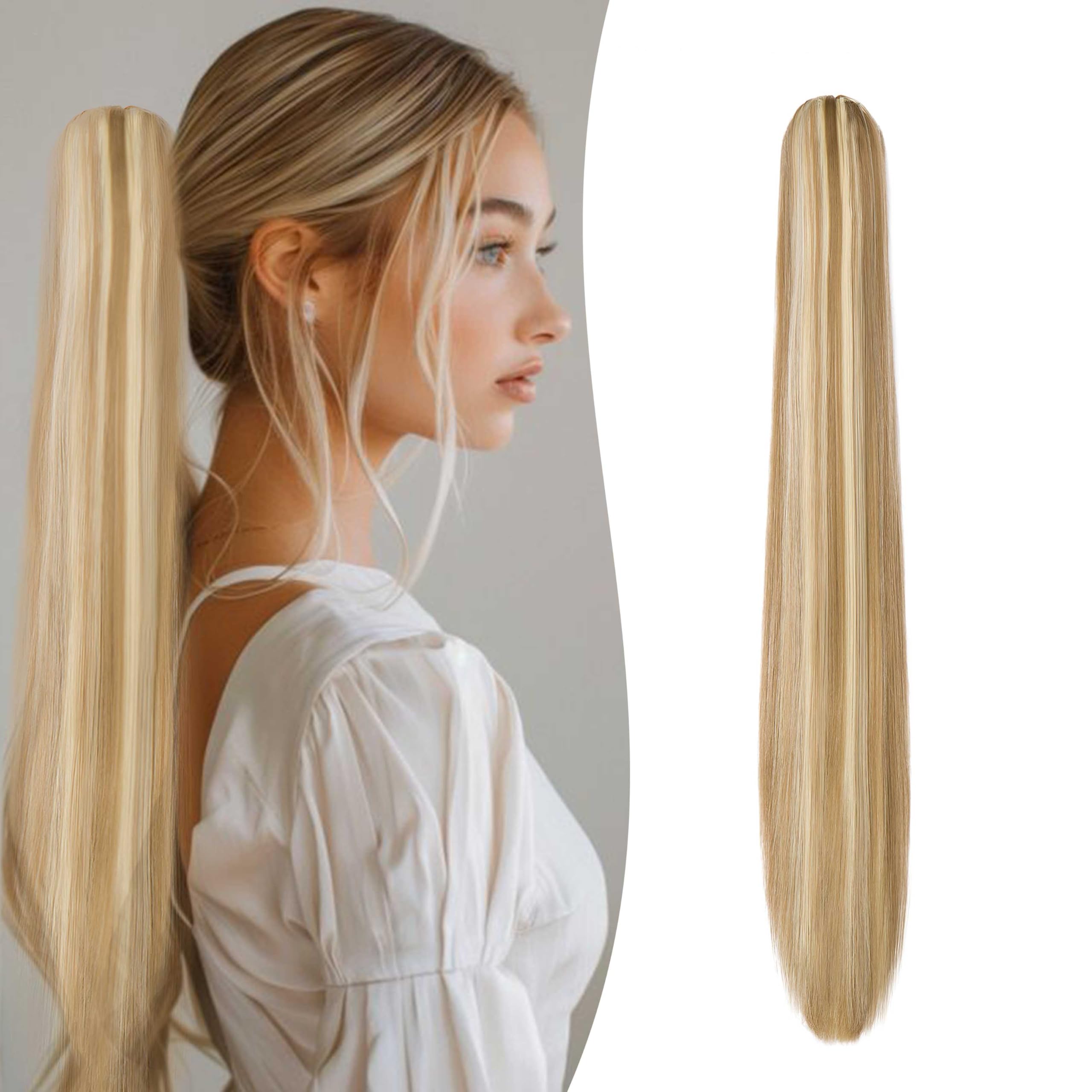 Gairyan Clip in Ponytail Hair Extensions 24 inch Ponytail Extension Long Straight Pony Tails Claw on Ponytail Synthetic Hairpieces for Women Soft Natural Look (Sandy Blonde & Bleach Blonde)