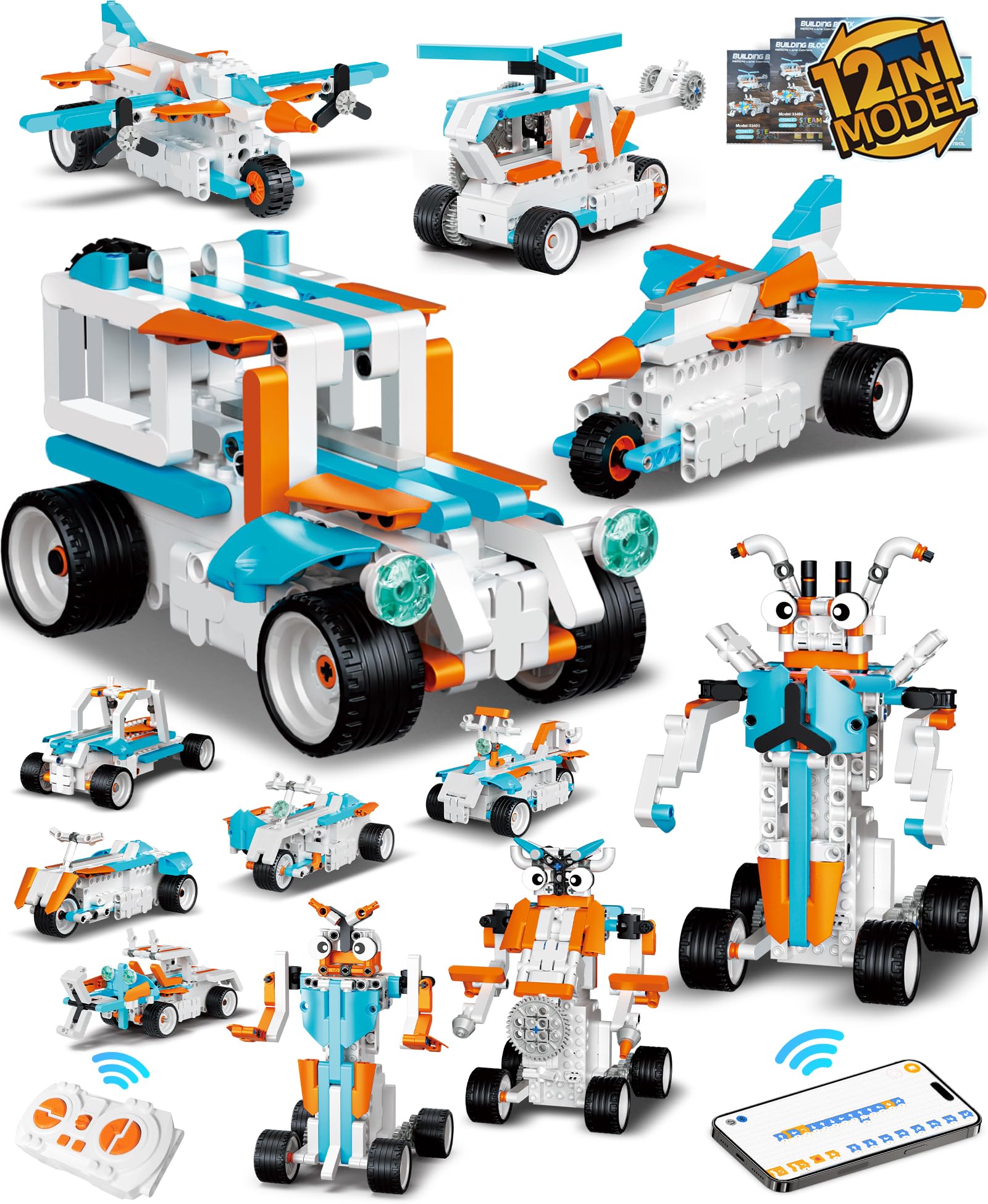 Photo 1 of 12in1 Technique Car Building Blocks Set, Remote & APP Control Robot/Car/Plane/Jeep/Motorcycle/Fighter, Stem Kits for Kids Age 8-10, Engineering Building Toys, Birthday Xmas Gifts for Boys Girls 8-12