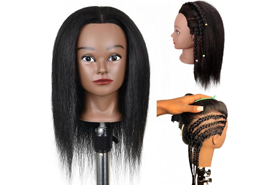 Yiifiulyn Mannequin Head for Braiding, 16″ Cosmetology Mannequin Heads with Stand for Styling Black Mannequin Head with 100% Real Hair