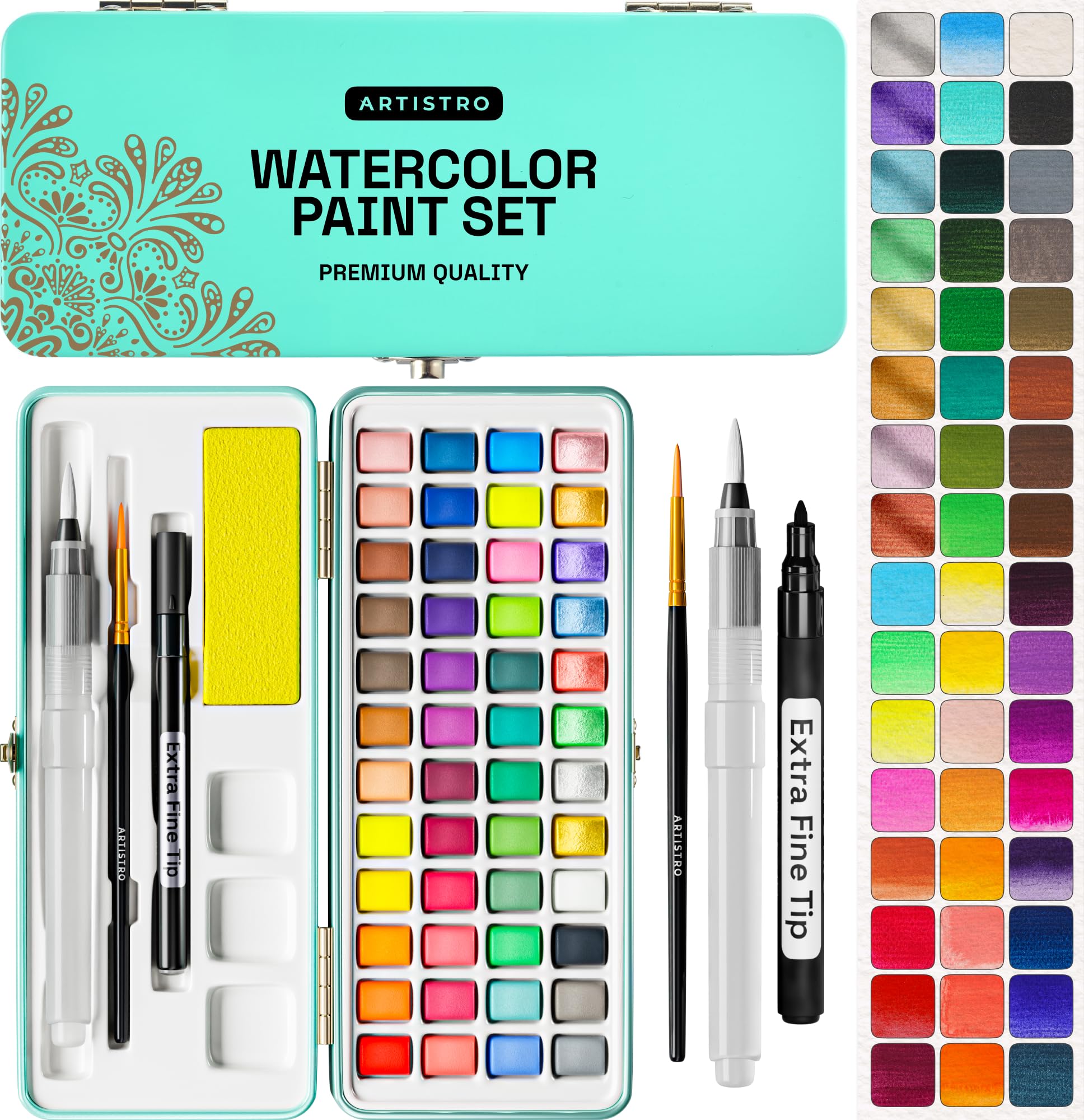 ARTISTRO Watercolor Paint Set Portable, Palette Set with Metallic Colors for Workbooks - Mini Travel Painting Kit for Artists, Professionals, Adults, Kids, Girls&Boys - Art Supplies, Christmas Gift