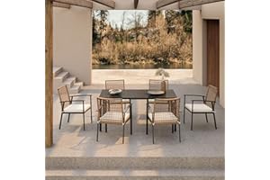 LAUSAINT HOME 7 Pieces Patio Dining Set, Outdoor Furniture Set of 6 Chairs with Soft Cushion and Iron Slats Table Top with Umbrella Hole, Conversation Set for Backyard, Garden and Poolside