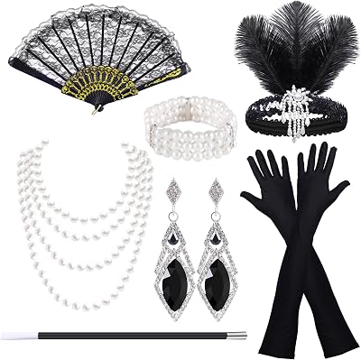 Pecehom 1920s Flapper Gatsby Accessories Set Women Headband Gloves Necklace