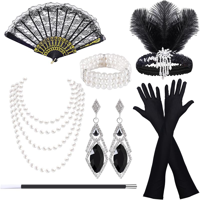 Pecehom 1920s Flapper Gatsby Accessories Set Women Headband Gloves Necklace