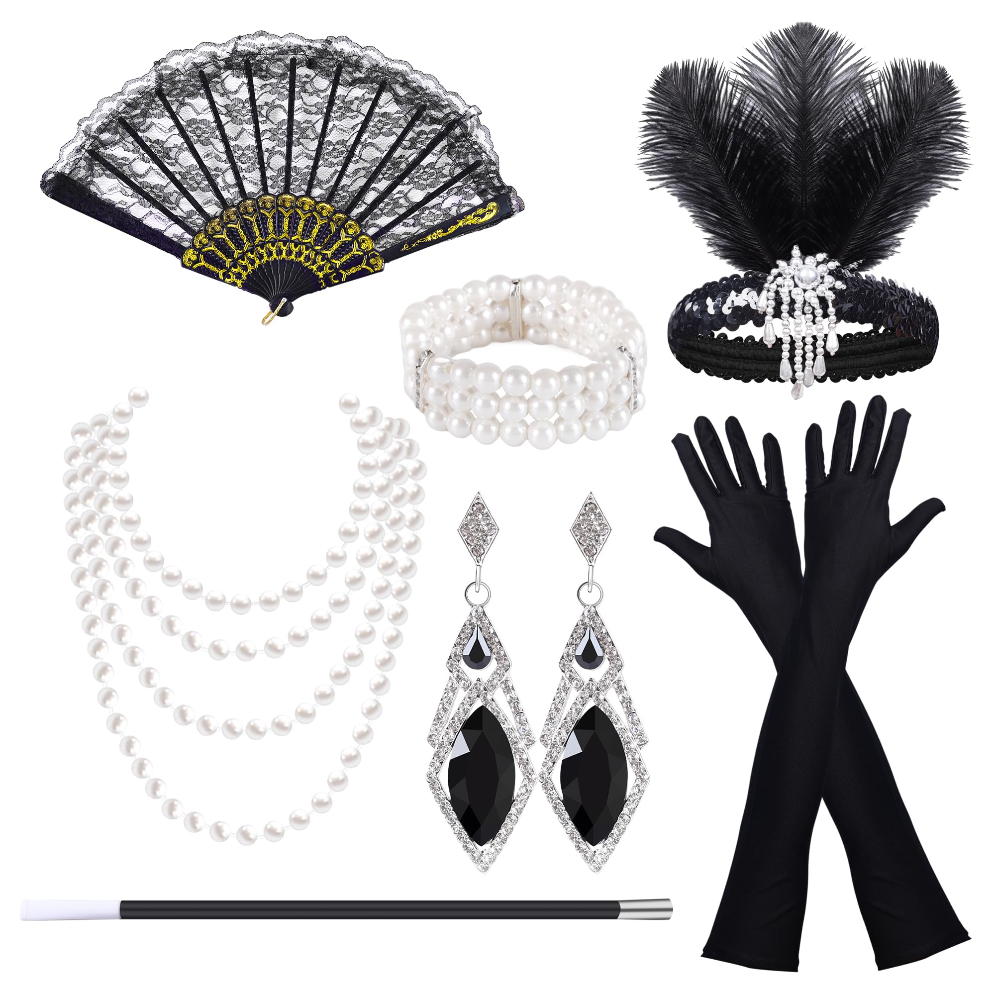 Pecehom 1920s Flapper Great Gatsby Accessories Set Roaring 20's Theme Set for Women, Retro Carnival Festival Halloween Christmas,with Headband Gloves Necklace Earrings Lace Folding Fan