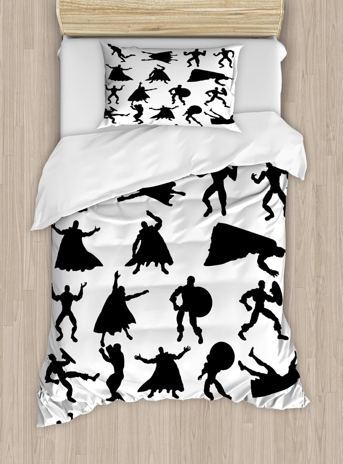 Ambesonne Superhero Duvet Cover Set Twin Size, Hero Silhouettes in Different Moves Action Energy Conflict Struggle Illustration, Decorative 2 Piece Bedding Set with 1 Pillow Sham, Black White