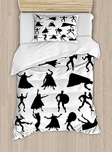 Ambesonne Superhero Duvet Cover Set Twin Size, Hero Silhouettes in Different Moves Action Energy Conflict Struggle Illustration, Decorative 2 Piece Bedding Set with 1 Pillow Sham, Black White