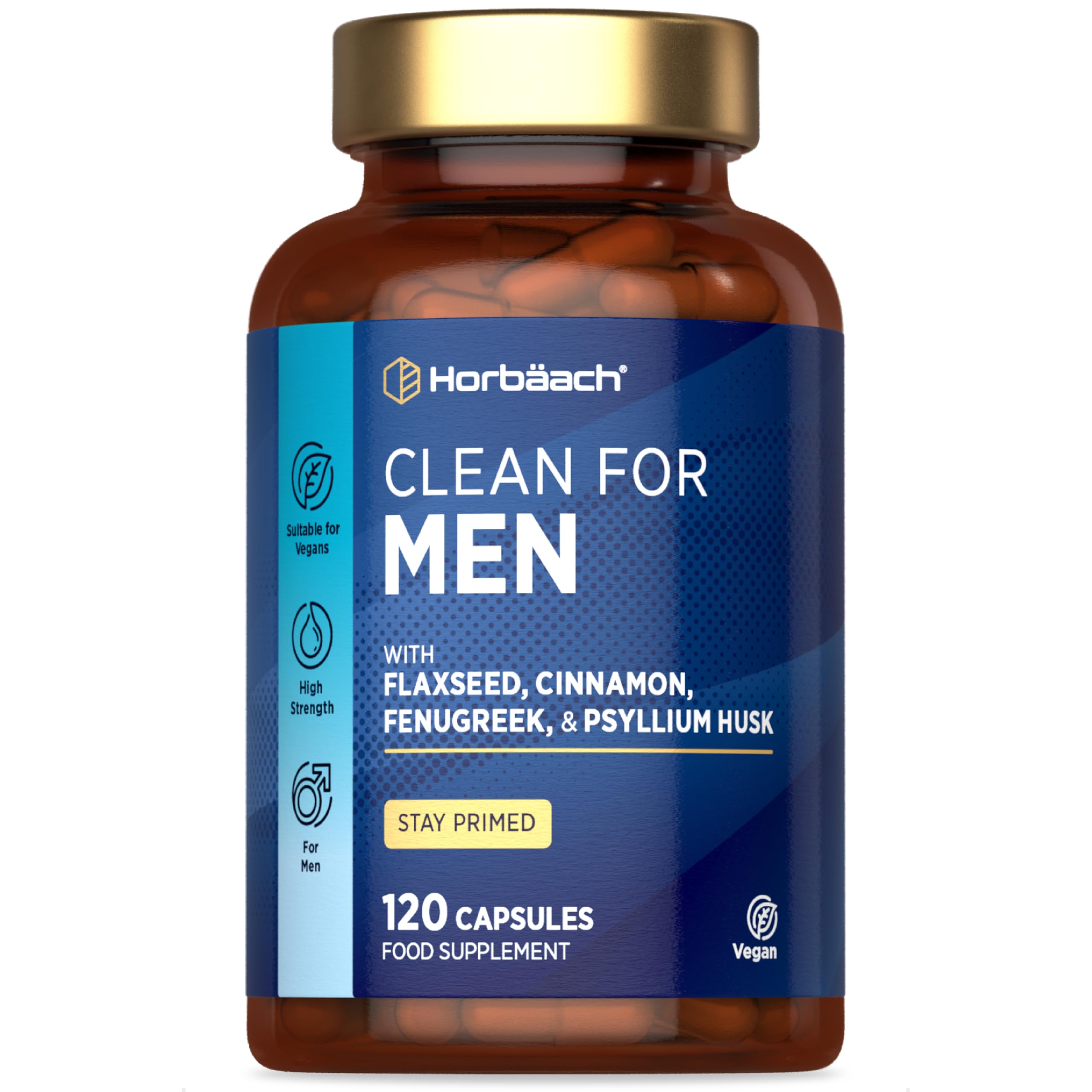 Fibre Supplement for Men | Cleanliness | Psyllium Husk Complex with Cinnamon, Flaxseed and Fenugreek Seed | 120 Vegan Capsules | By Horbaach