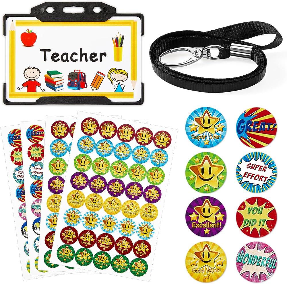 Tenare 7 Pcs Teacher Roleplay Set PVC ID Card Lanyard Cardholder Stickers