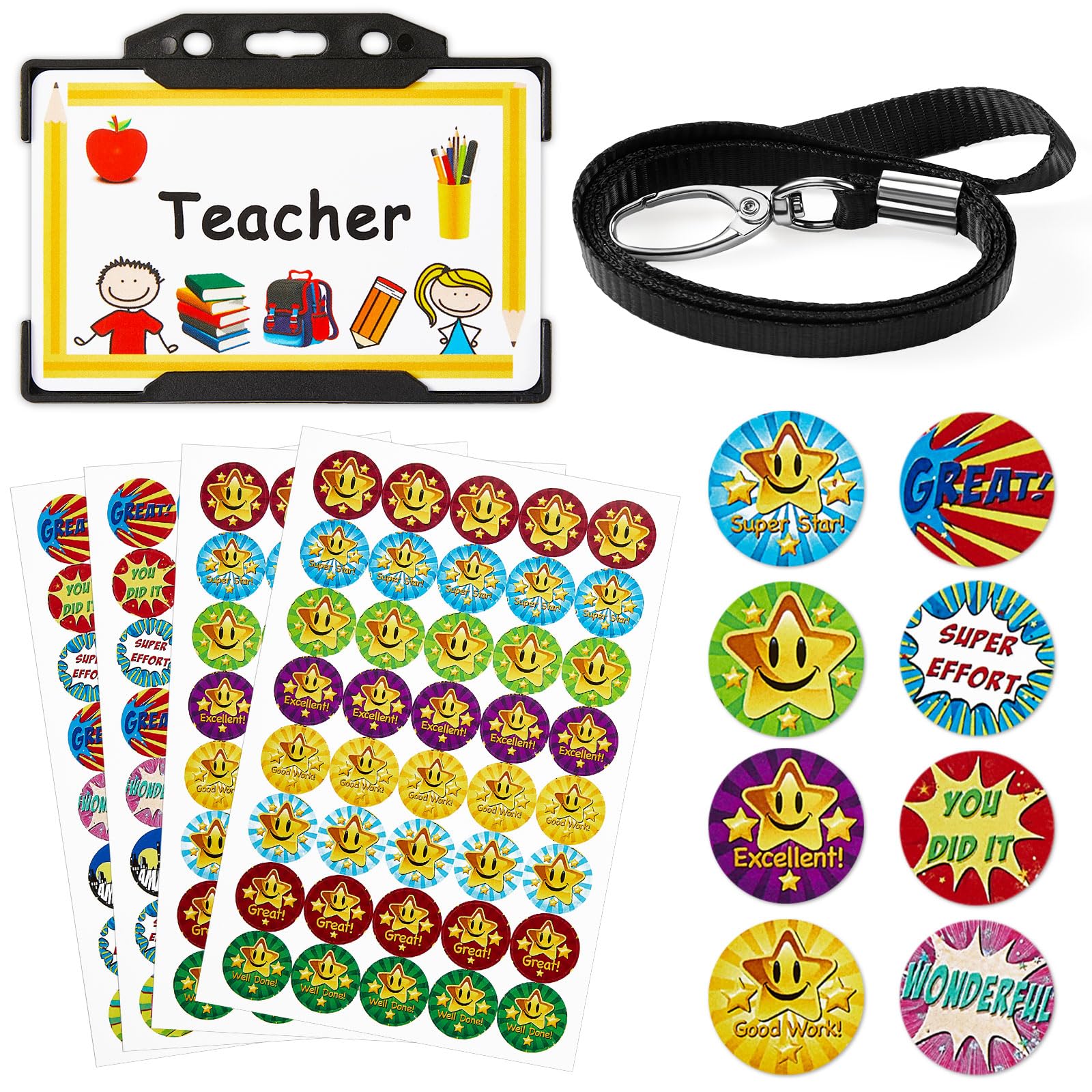 Tenare 7 Pcs Teacher Roleplay for Kids Pretend Teacher Set Novelty Lanyard and Stickers Pretend ID Card Behaviour Reward Stickers School Stuff Kids Role Play Game Accessories (Black, Awesome)