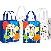 Teenyyou 4 Pcs Happy Birthday Gift Bag Non Woven Wrap Bags with Handle Large Birthday Tote Bags for Goodies 10.2 x 8.3 x 3.9 Inch Reusable Birthday Party Gift Bags for Girls Boys Women Men