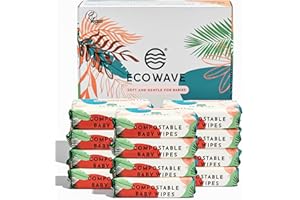 Eco Wave Baby Wipes, 100% Compostable Eco-Friendly Bamboo Wipes, Unscented, Hypoallergenic, Vegan, Alcohol-Free, Suitable For Sensitive Skin (Pack of 12)