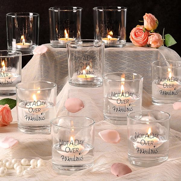 HAVITI 12PCS VOTIVE CANDLE HOLDERS BIRTHDAY GIFTS FOR WOMEN, NOT A DAY OVER FABULOUS GLASS TEA LIGHT HOLDER, CLEAR FLOATING TEALIGHT CANDLE HOLDER FUNNY FOR MOM SISTER FRIENDS