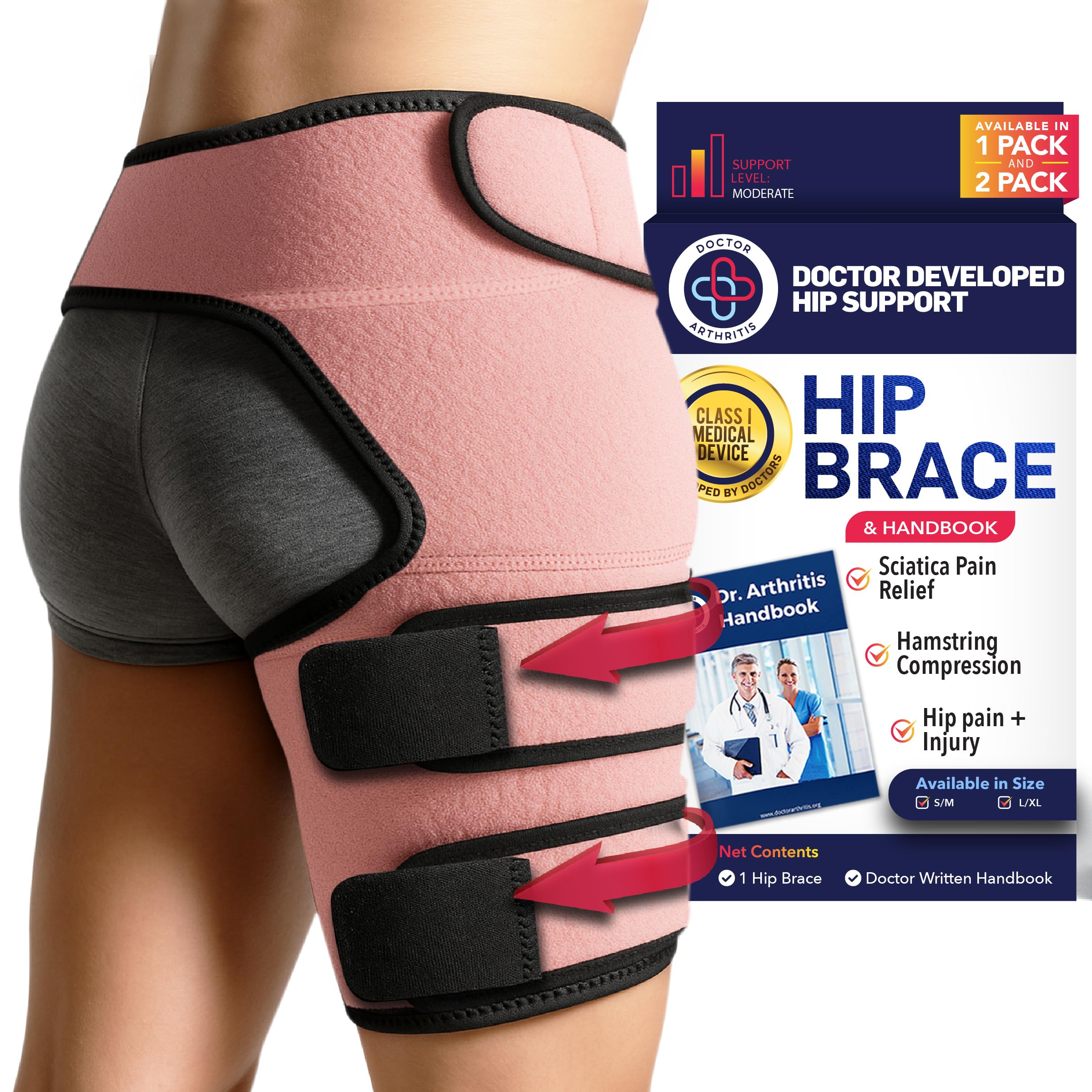 Dr.Arthritis Doctor Developed Strengthening & Doctor Handbook - Stabilizing Hip Brace For Men & Women- Hip Brace For Sciatica Pain Relief- Compression Wrap For Hip Pain(S/M, Pink Right)