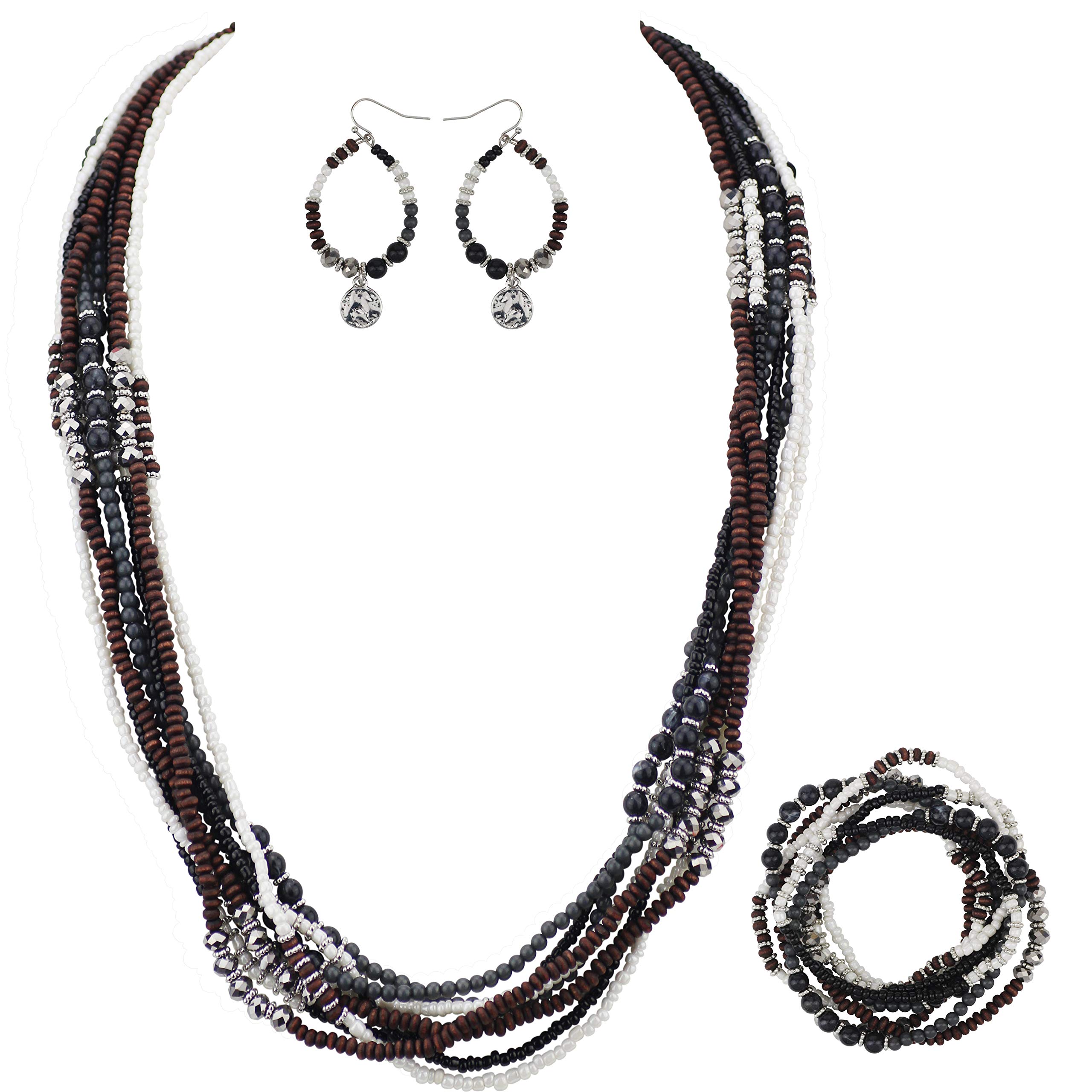 BOCAR Long Multiple Strand Handmade Beaded Statement 26" Necklace for Women (NK-10563-dark grey-set)