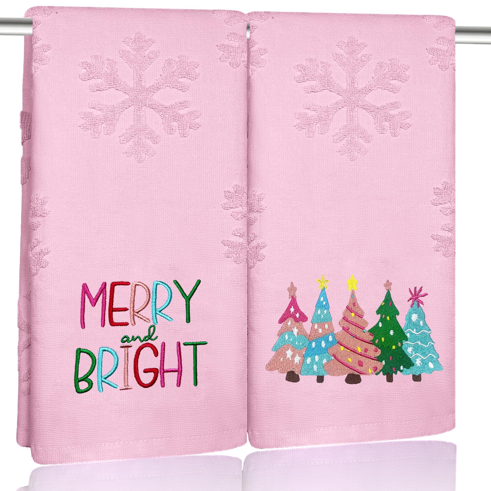 Photo 1 of 2 Pack Pink Christmas tree Hand Towels Cotton Jacquard snowflake Embroidered Merry and Bright holiday Kitchen dish Towels Neutral Pastel Bath Towels Set gift Seasonal Xmas Winter Bathroom Decor