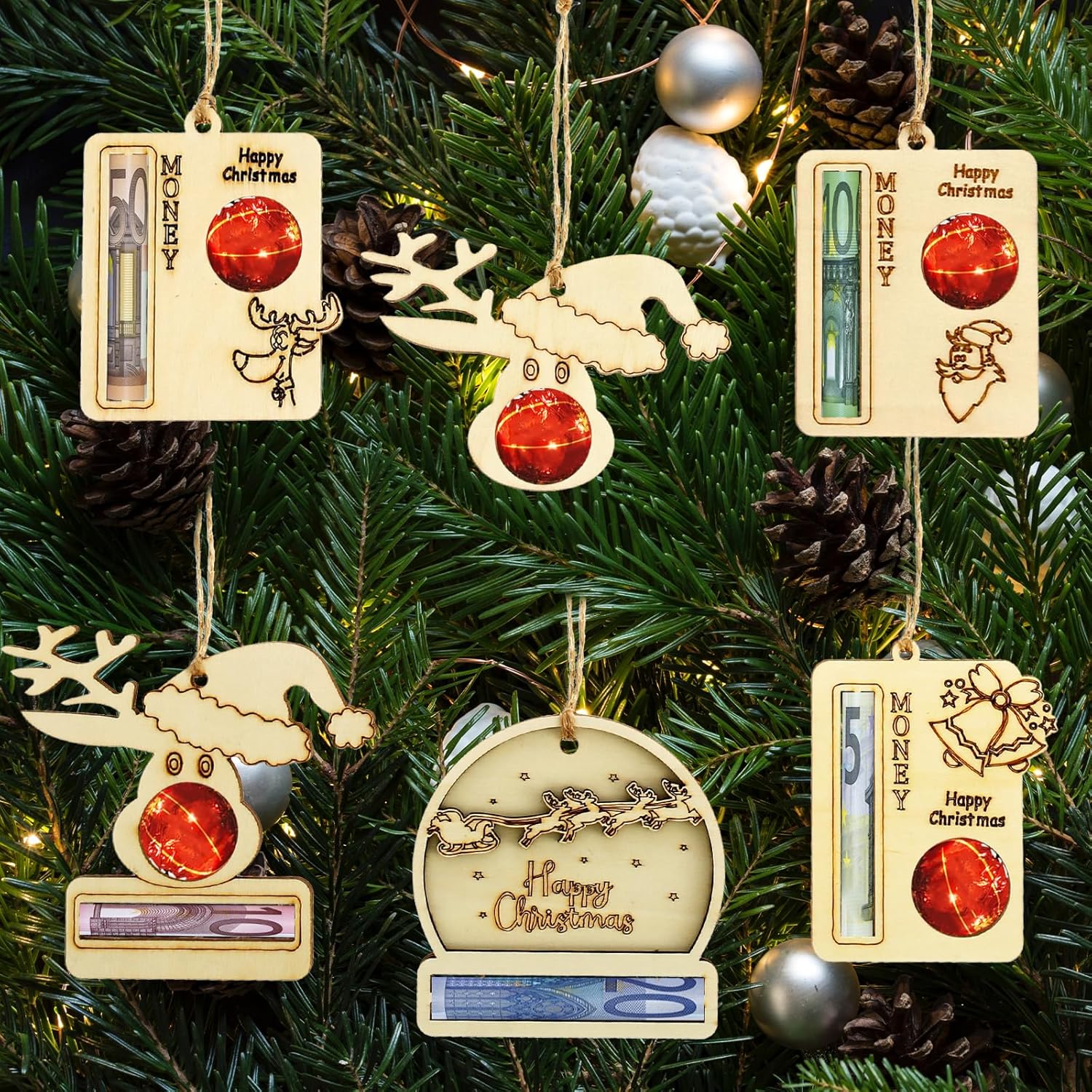 Tree Stands - 6/8Pcs Christmas Money Holder Set for Cash Gift Ideas, Wooden Hanging Cash Holder for Cash Gift Christmas Tree Decorations with Lanyard, Creative Reindeer Xmas Tree Pendant for Window Door (6Set)