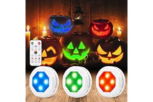 Litake Halloween Jack-O-Lantern Lights, Dimmable Timer RGB Color Changing Pumpkin Lights with Remote Control AA Battery Operated Push Touch, Stick on Pumpkin Lighting for Halloween Decoration 3 Pack