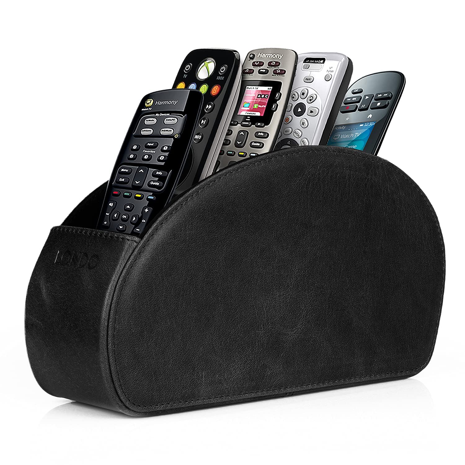 LONDO Remote Control Holder with 5 Pockets - Store DVD, Blu-Ray, TV, Roku or Apple TV Remotes - Real Leather with Suede Lining - Slim, Compact Living or Bedroom Storage