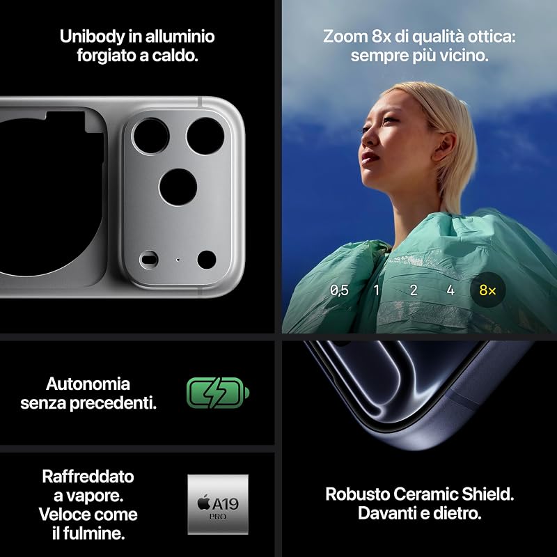 iPhone 17 Pro Max 256 GB: display 6,9", ProMotion fino a 120Hz, chip A19 Pro, autonomia mai vista su iPhone, sistema di fotocamere Pro Fusion, fotocamera frontale Center Stage; Blu profondo