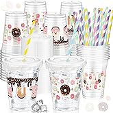 FoldTier 50 Pcs Donut Birthday party Plastic Cup 12 oz Cold Drinks Cups Doughnut Thick Clear Mug Disposable Mugs with Lids for Iced Coffee Smoothie Milkshake Birthday Party Sweet Holiday