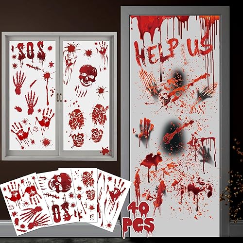 Halloween Decorations Window Stickers, 40 Pcs Bloody Handprint Footprints Stickers,Zombie Posters Reusable Halloween Decorations Indoor for Window Walls Door
