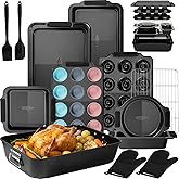 Kikcoin 25 PCS Stackable Baking Pans Set, Non-stick Bakeware Sets with Silicone Handles, 450°F Oven Safe Cookie Sheets for Baking, Easy Release Heavy-duty Baking Sheets Non Stick, Black